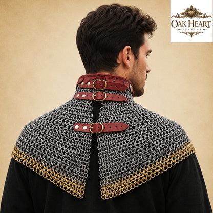 Medieval Chainmail Neck Collar Armor – Flat Riveted & Washer with Brass Accent Rows