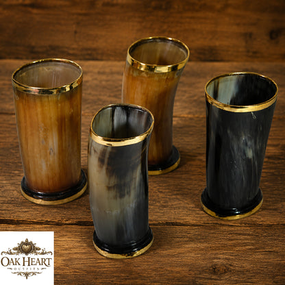 Set of 4 Viking Horn Tumblers | Handmade Medieval Drinking Glasses with Brass Rim