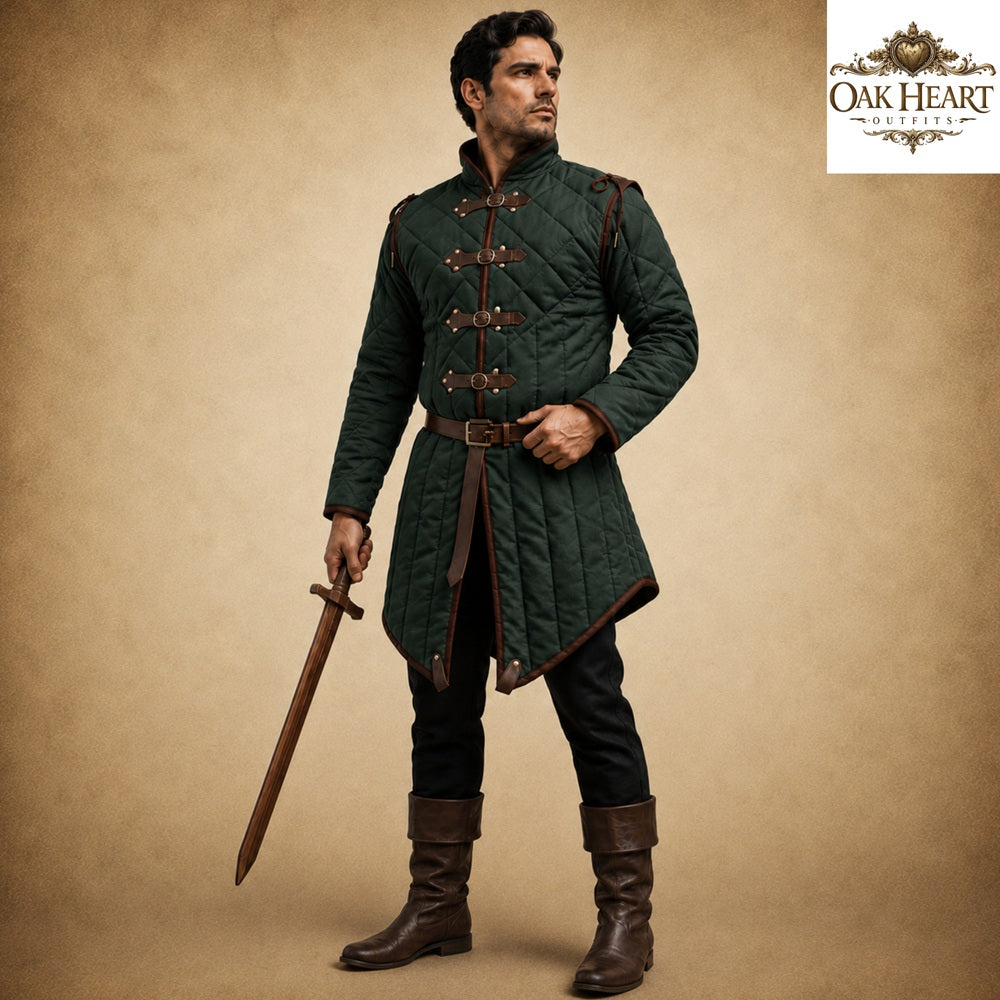 Medieval Gambeson Jacket | Quilted Cotton Aketon with Leather Trim