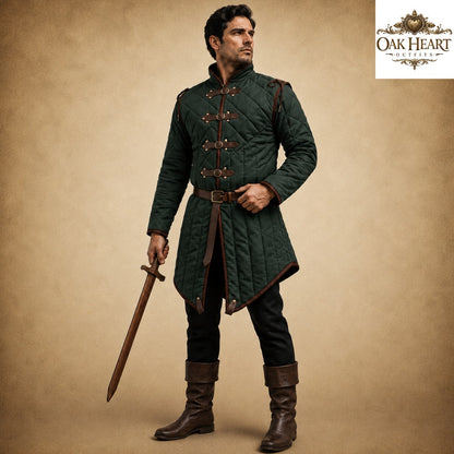 Medieval Gambeson Jacket | Quilted Cotton Aketon with Leather Trim