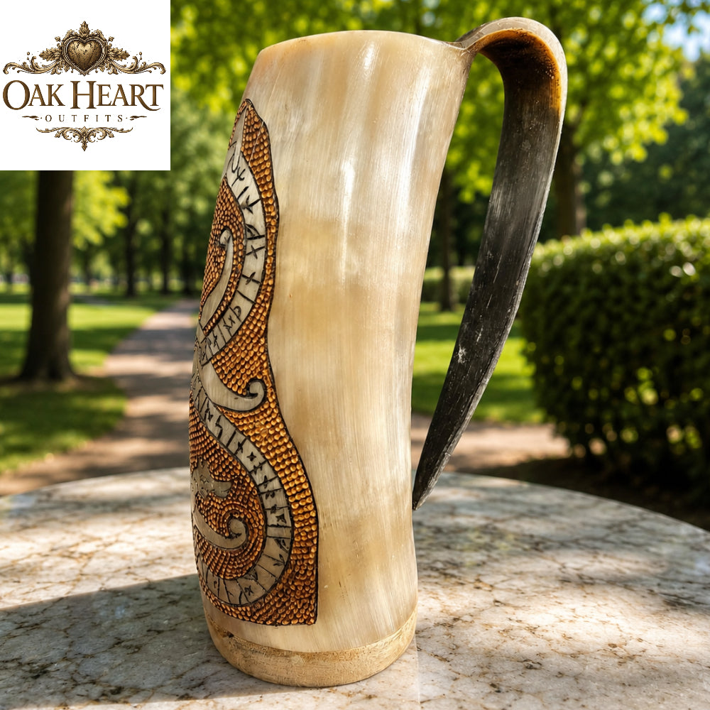 Viking Horn Mug with Handle – Norse Rune Engraved Drinking Horn Tankard