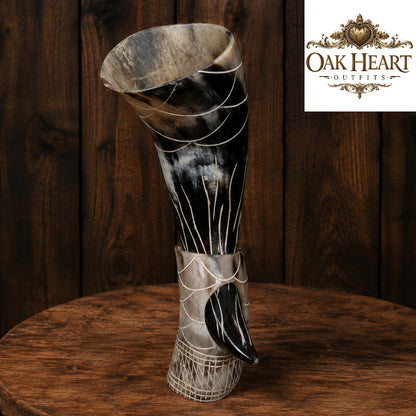 Medieval Drinking Horn with Decorative Stand