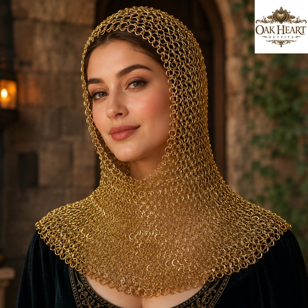 Brass Chainmail Coif Hood, Medieval Chainmail Armor, Renaissance