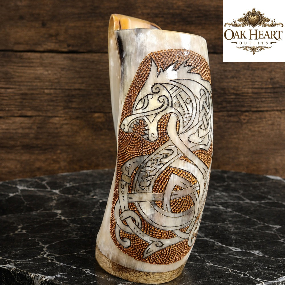 Handcrafted Viking Drinking Horn Mug | Norse Dragon Engraved Horn Cup