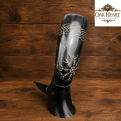 Black Viking Drinking Horn Mug – Traditional Celtic Engraved Mead Cup