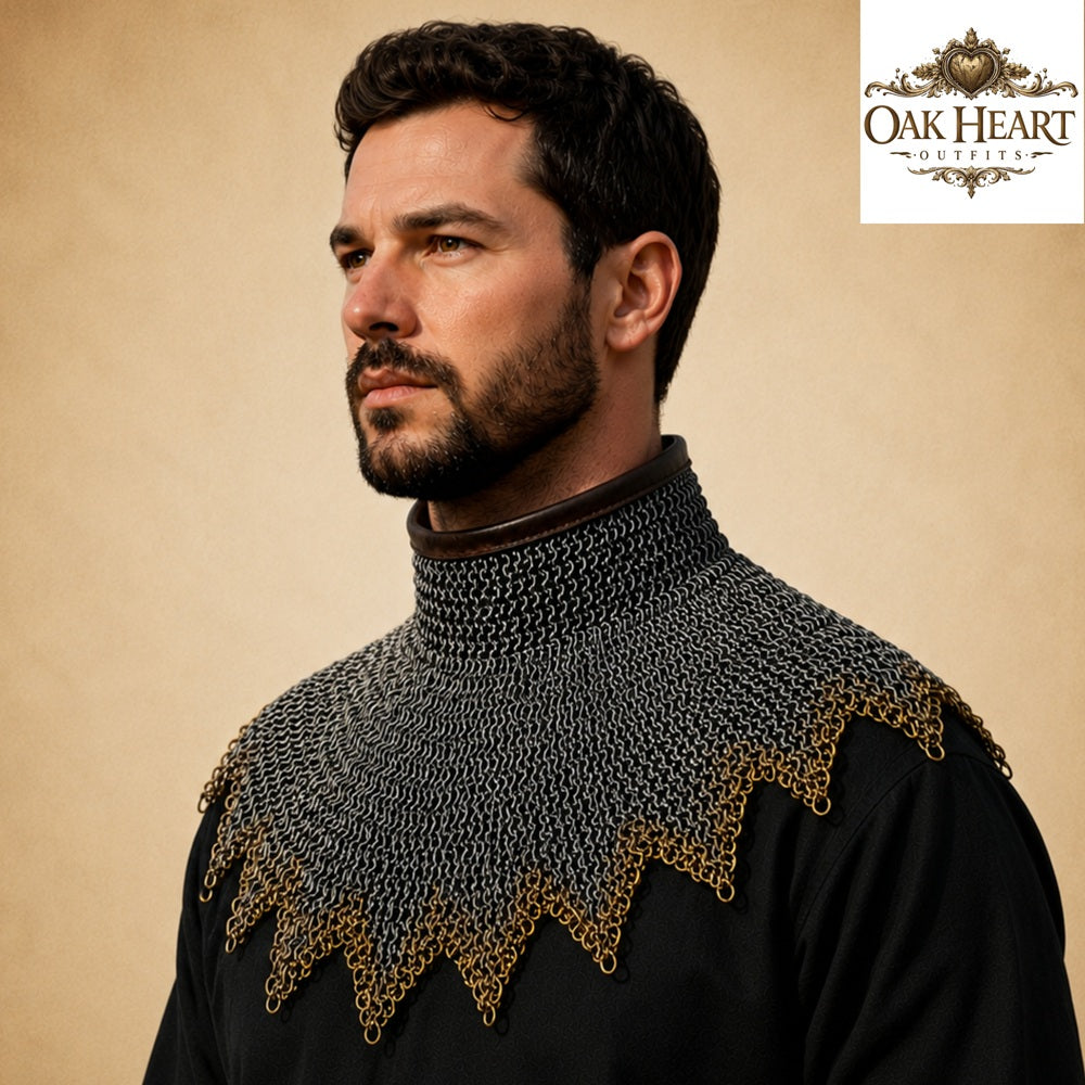 Medieval Chainmail Gorget Collar – Flat Riveted Rings with 3 Brass Rows