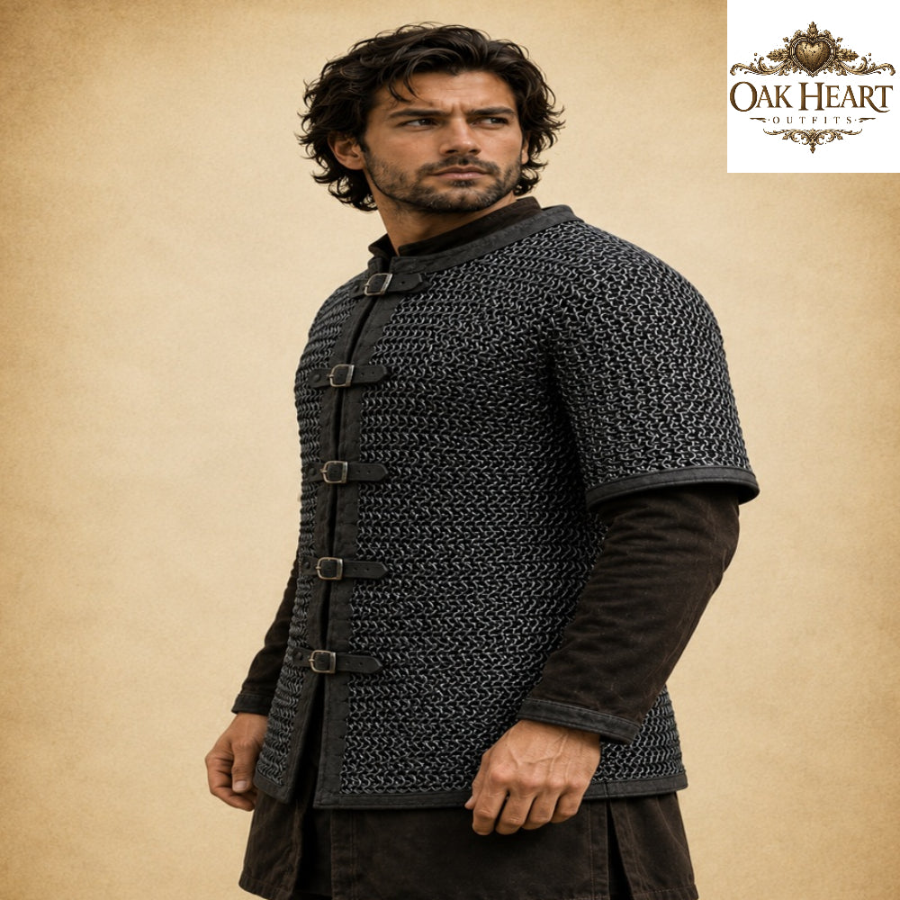 Medieval Aluminum Chainmail Hauberk – Dark Gray 9mm Riveted Armor Shirt for LARP, Cosplay & Reenactment
