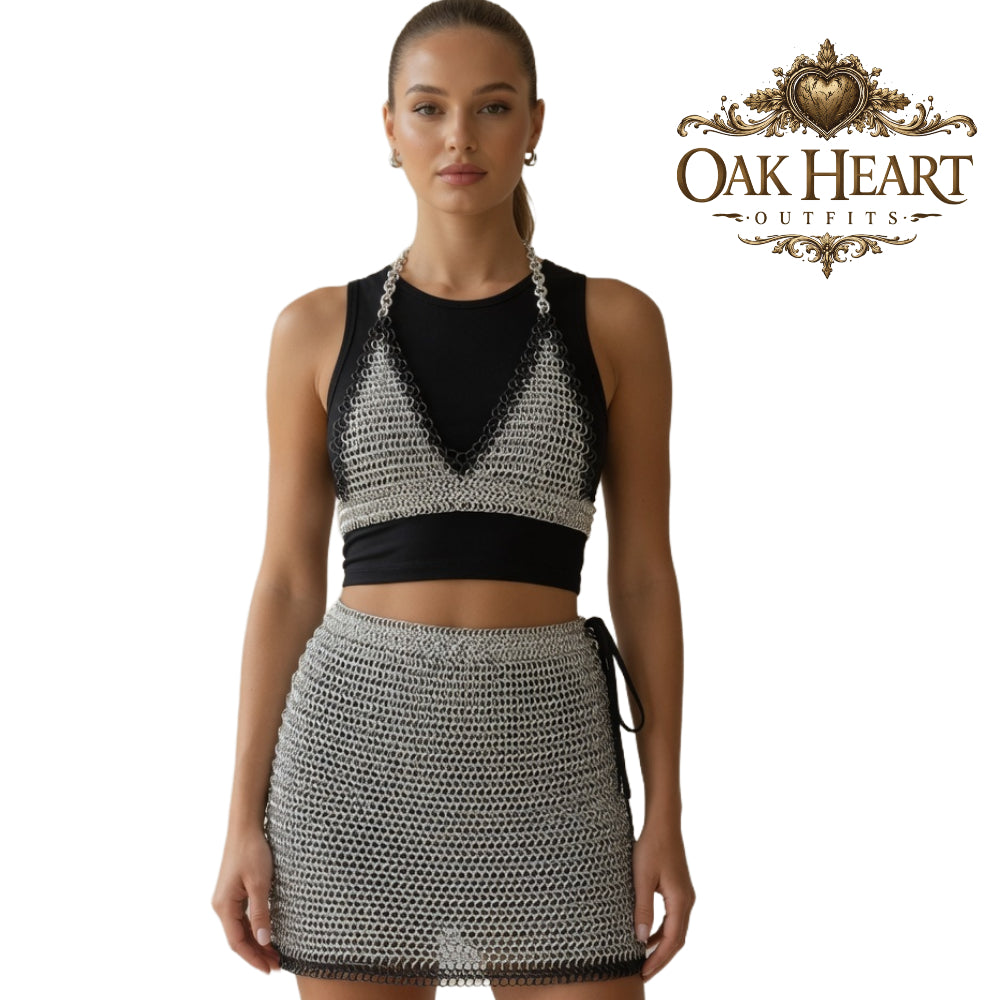 Anodized Aluminum Chainmail Top & Skirt Set Silver with Black Trim – Ren Faire Cosplay Costume