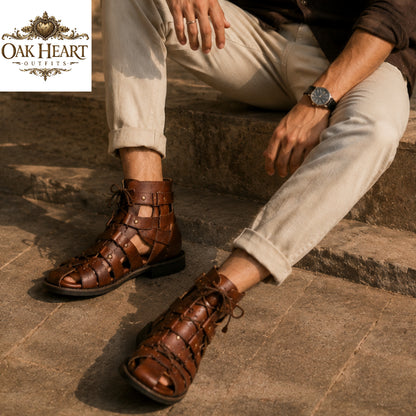 Handcrafted Roman Gladiator Sandals for Men | Brown Leather Lace-Up Caligae Boots