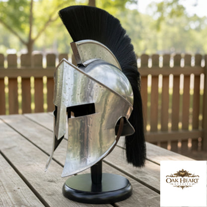King Leonidas Greek Spartan Helmet with Black Plume, Wooden Stand