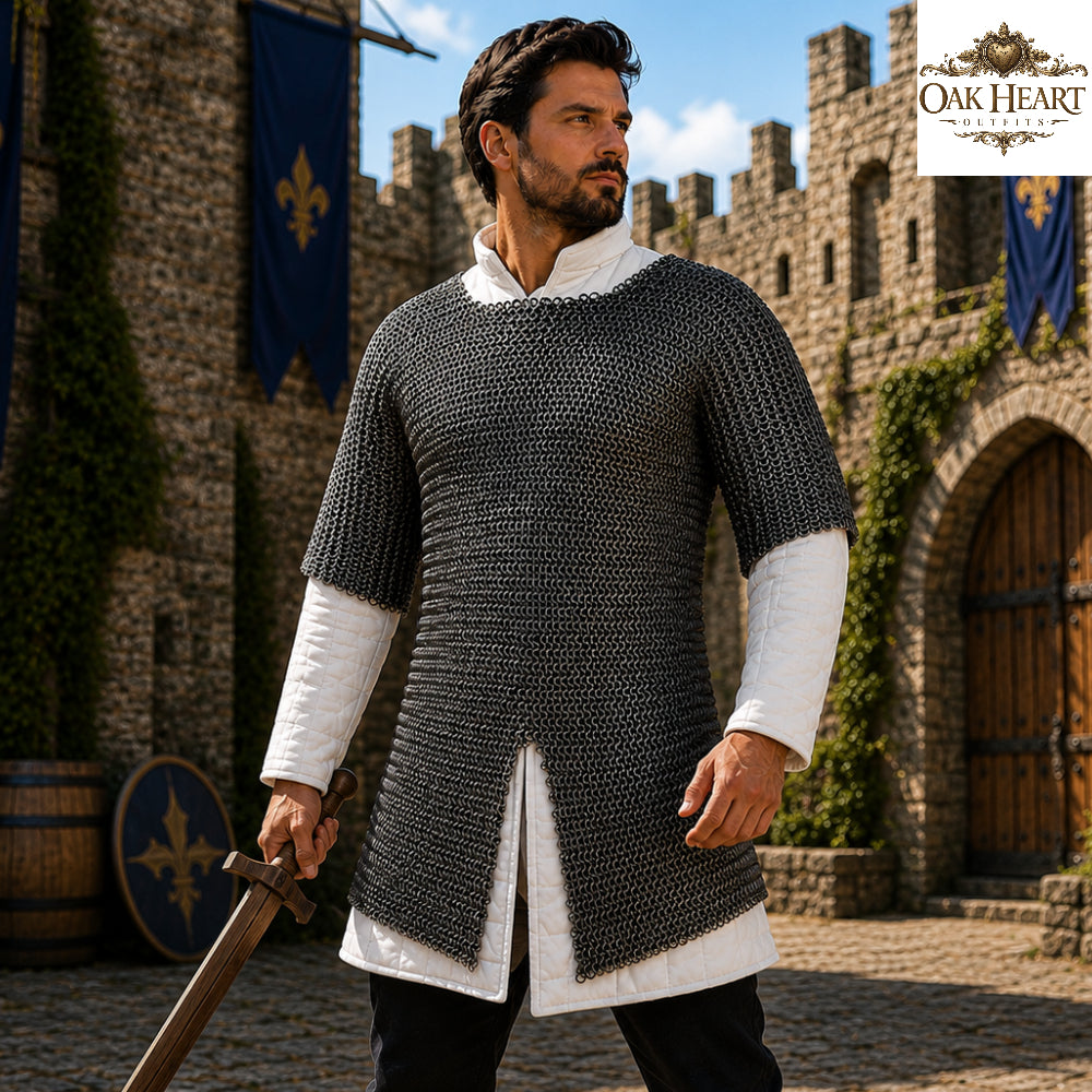 Medieval Mild Steel Chainmail Shirt – 9mm Flat Riveted Rings with Solid Washer Hauberk