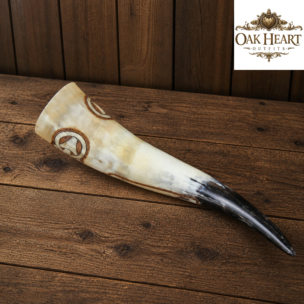 Celtic Engraved Viking Drinking Horn – Handcrafted Natural Horn Mug for LARP & Cosplay