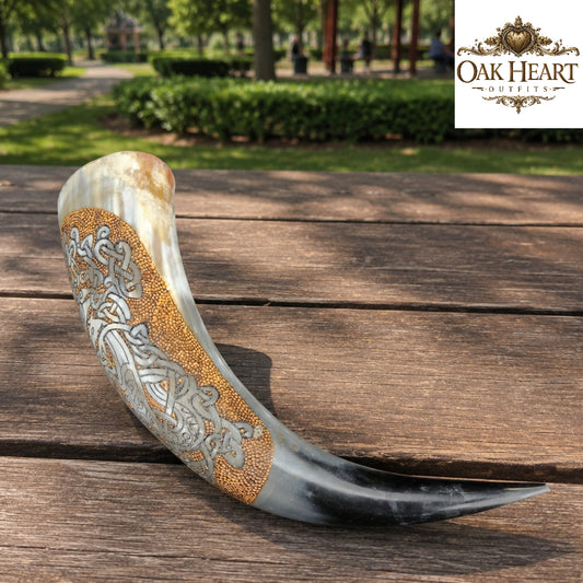 Viking Mead Horn – Wolf Viking Mead Horn – Wolf Engraved Celtic Knotwork Drinking HornEngraved Celtic Knotwork Drinking Horn