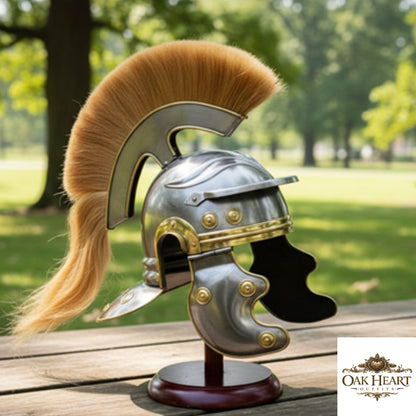Roman Centurion Helmet with Brown Plume and Wooden Stand
