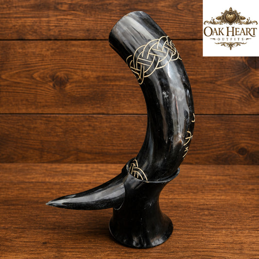 Black Viking Drinking Horn Mug – Traditional Celtic Engraved Mead Cup