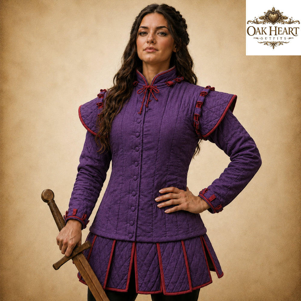 Women's Medieval Gambeson – White Quilted Padded Armor Jacket with Red Trim