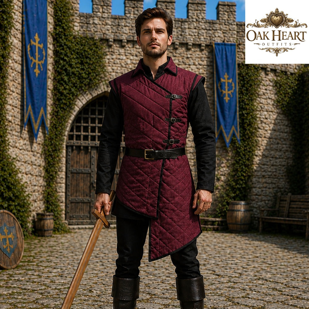 Medieval Wine Red Gambeson Armor – Quilted Viking Jacket for LARP,