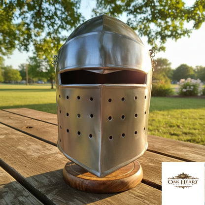 Medieval Knight Armor Barbute Helmet With Wooden Stand