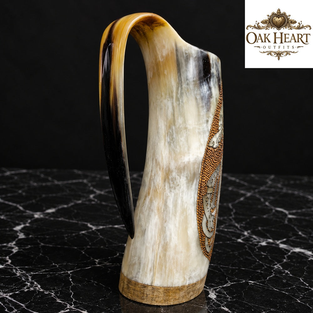 Handcrafted Viking Drinking Horn Mug | Norse Dragon Engraved Horn Cup