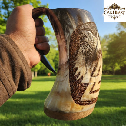 Viking Raven Horn Mug – Valknut Norse Mead Drinking Tankard