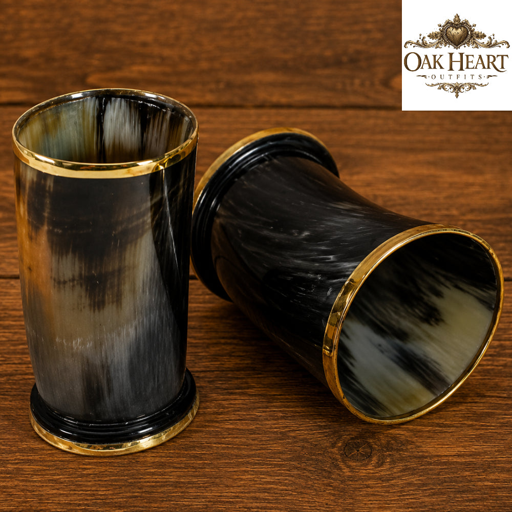 Set of 4 Viking Horn Tumblers | Handmade Medieval Drinking Glasses with Brass Rim