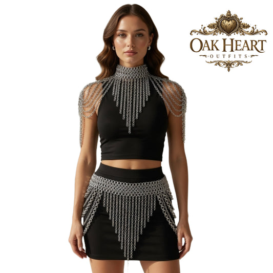 Anodized Aluminum Chainmail Top & Skirt Set – Ren Faire Female Cosplay Costume, Medieval Outfit