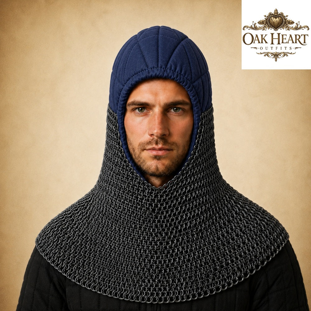 HMB Buhurt Chainmail Coif - Riveted Mild Steel Armor Hood with Padded Arming Cap