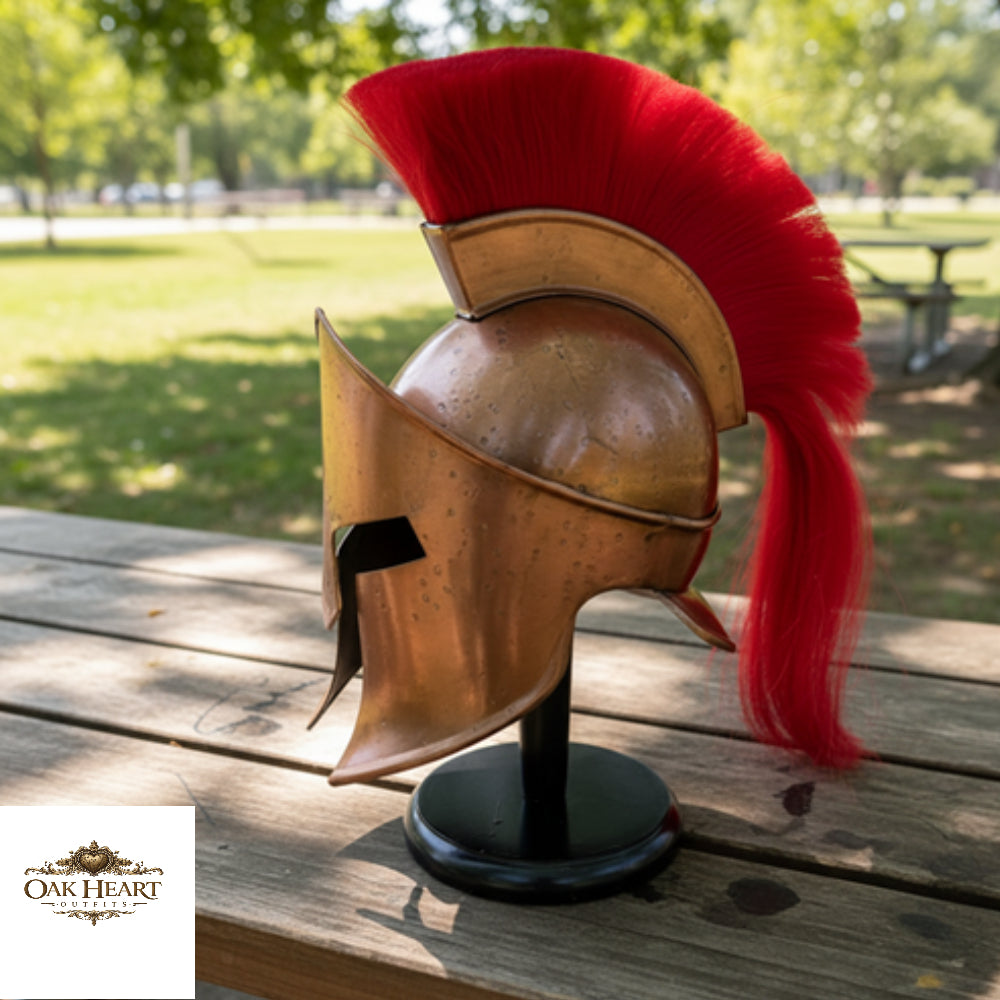 Leonidas King Greek 300 Spartan Helmet with Red Plume,  Wooden Stand