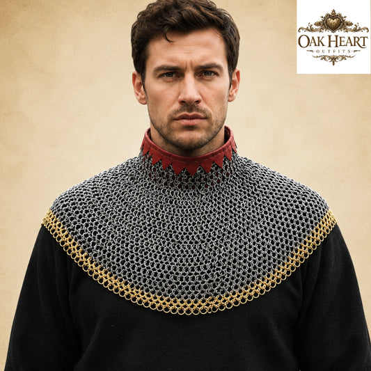 Medieval Chainmail Neck Collar Armor – Flat Riveted & Washer with Brass Accent Rows