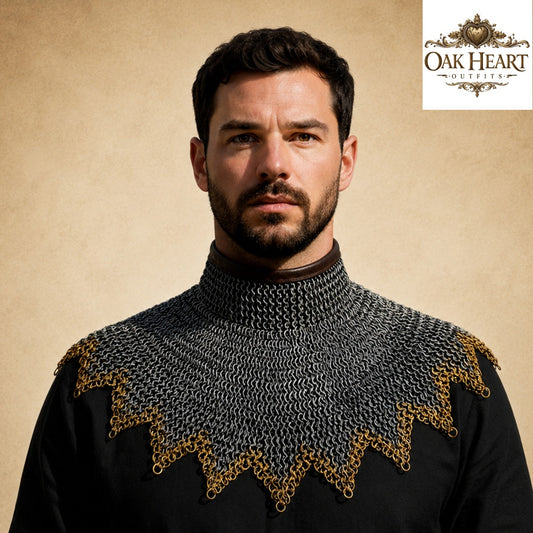 Medieval Chainmail Gorget Collar – Flat Riveted Rings with 3 Brass Rows