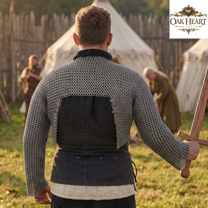 Medieval Chainmail Hauberk, Steel 9mm Flat Riveted Rings, Full Sleeve Armor Shirt for Costume