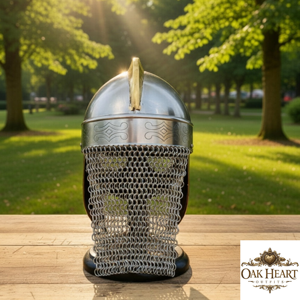Medieval Chainmail Helmet Viking Replica with Wooden Stand Knight Armor Display