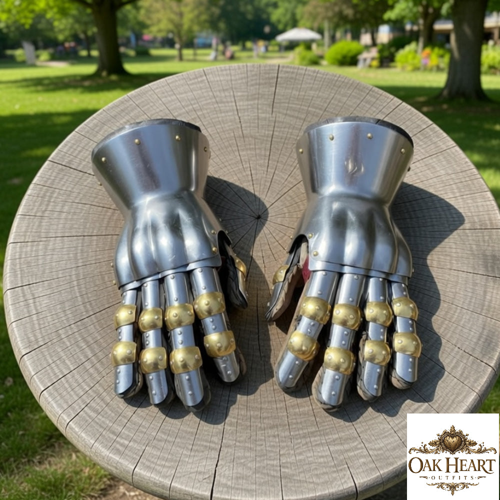 Medieval Churburg Gauntlets, 16 Gauge Steel Knight Gloves with Brass Accents for LARP & Reenactment