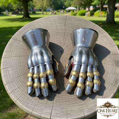 Medieval Churburg Gauntlets, 16 Gauge Steel Knight Gloves with Brass Accents for LARP & Reenactment