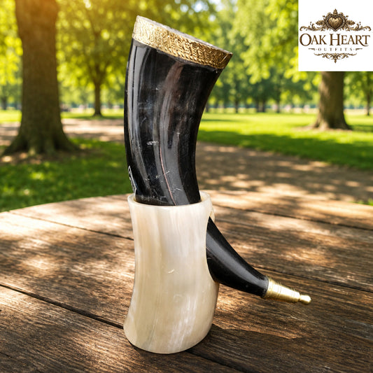 Medieval Viking Drinking Horn – Celtic Knotwork Ale Mug with Stand