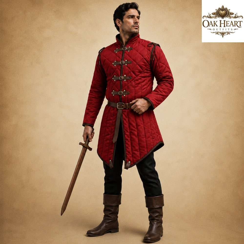 Medieval Gambeson Jacket | Quilted Cotton Aketon with Leather Trim