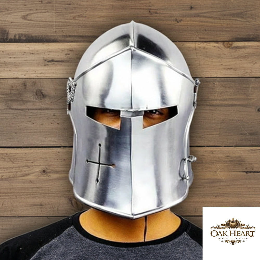 Medieval Barbuta Helmet – Silver Knight Armor Helm with  Wooden Stand