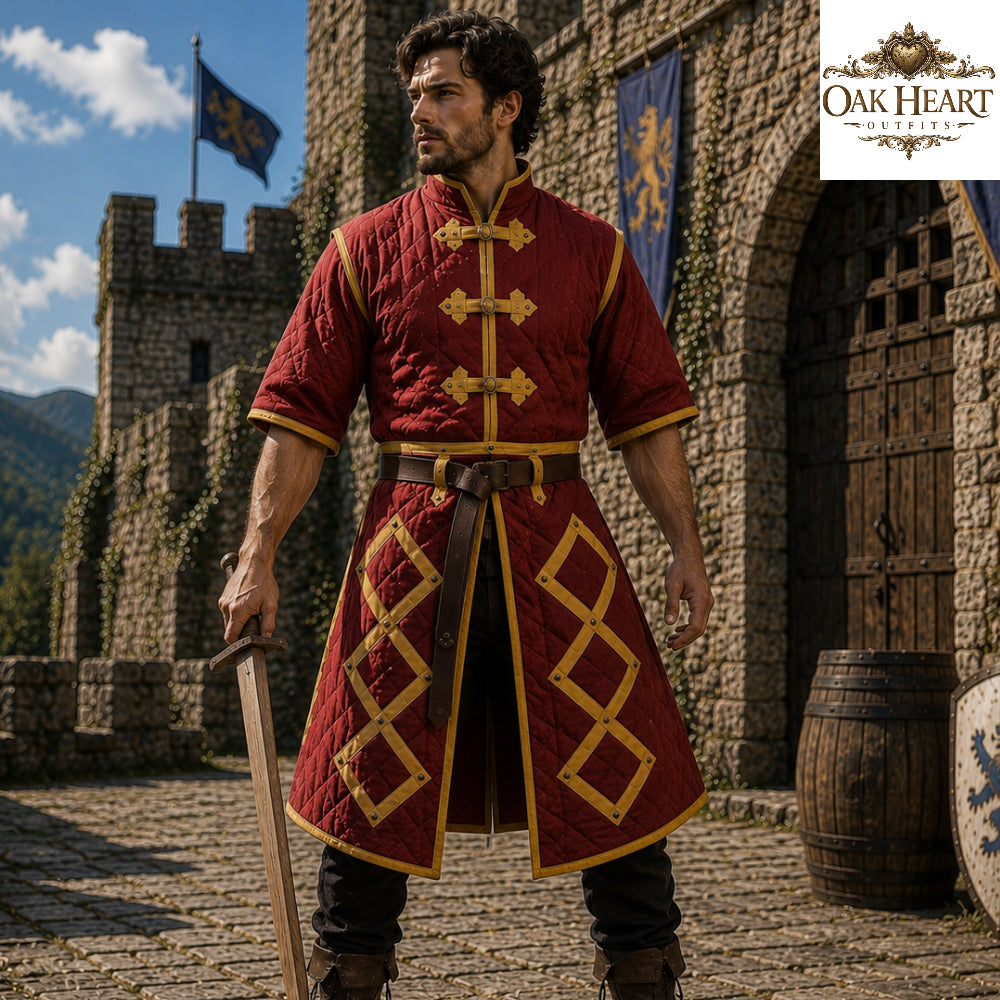 Medieval Cotton Padded Gambeson Jacket Brown Leather Trim | Quilted Armor Coat for LARP, SCA, Ren Faire, Cosplay