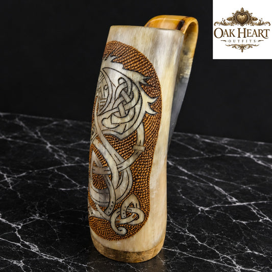 Handcrafted Viking Drinking Horn Mug | Norse Dragon Engraved Horn Cup