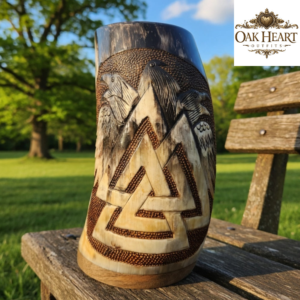 Viking Raven Horn Mug – Valknut Norse Mead Drinking Tankard