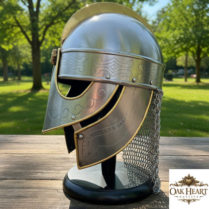 Medieval Chainmail Helmet Viking Replica with Wooden Stand Knight Armor Display