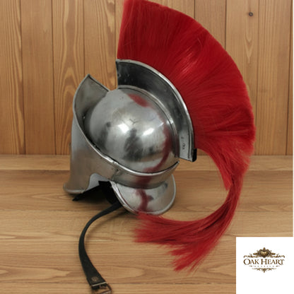 300 King Leonidas Spartan Helmet Greek Warrior with Red Plume & Wooden Stand