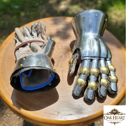Medieval Churburg Gauntlets, 16 Gauge Steel Knight Gloves with Brass Accents for LARP & Reenactment