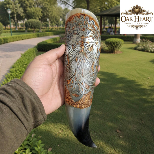 Viking Mead Horn – Wolf Viking Mead Horn – Wolf Engraved Celtic Knotwork Drinking HornEngraved Celtic Knotwork Drinking Horn