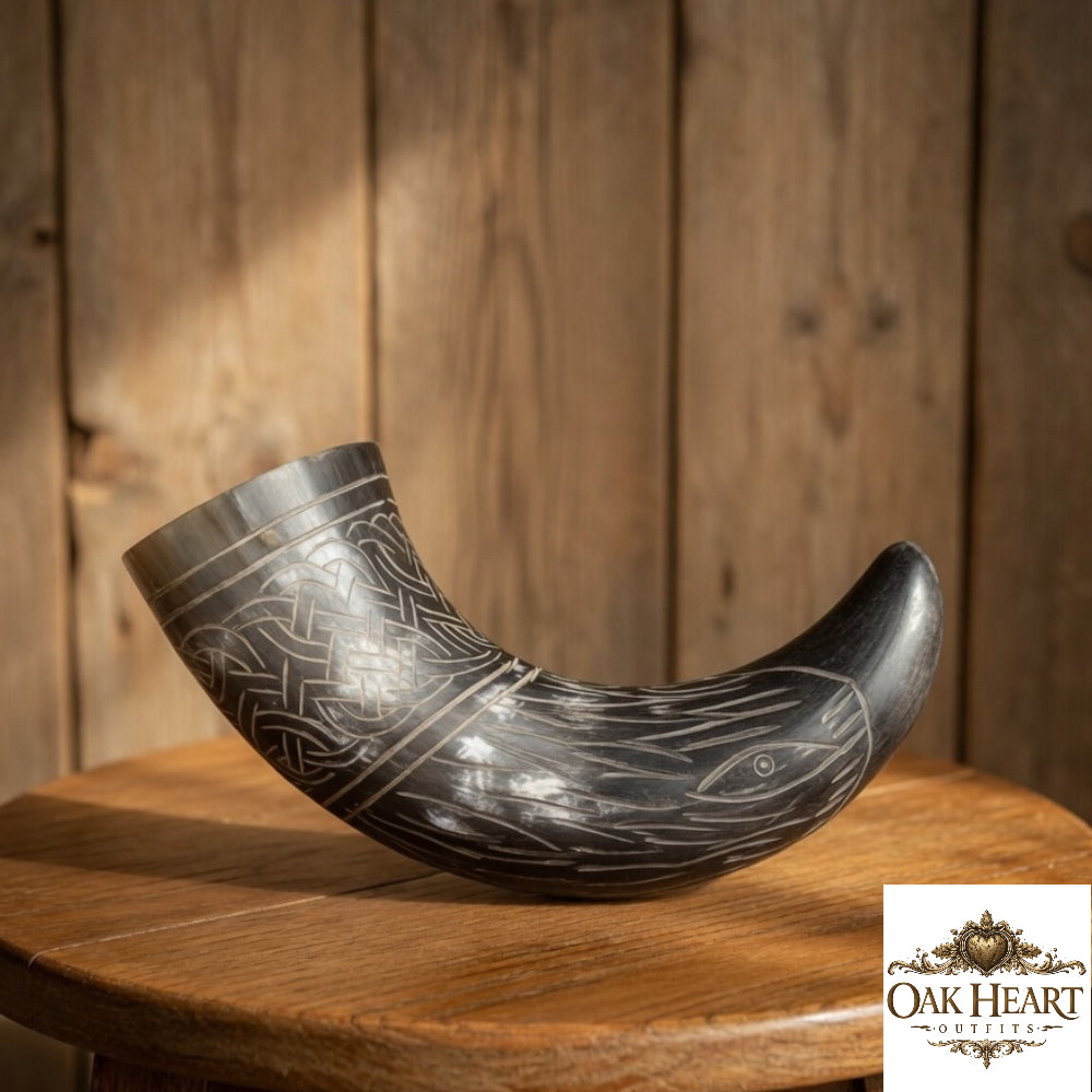 Medieval Black Drinking Horn Engraved – Viking Horn Mug for LARP, Cosplay & Gift Idea