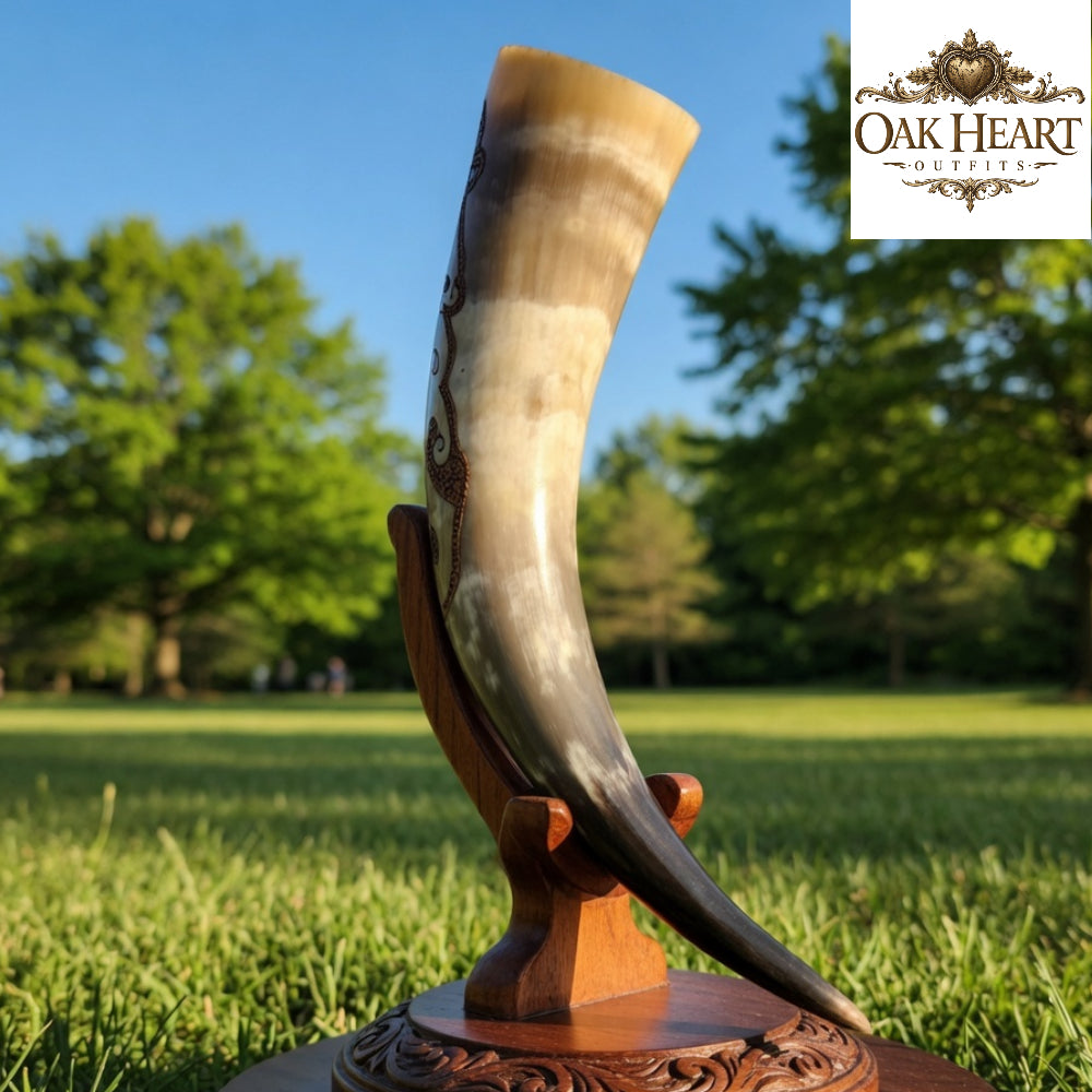 Viking Drinking Horn – Norse Dragon Engraved Handmade Mead Cup
