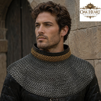 Medieval Chainmail Collar – 9mm Flat Riveted Rings with Washers, LARP Gorget