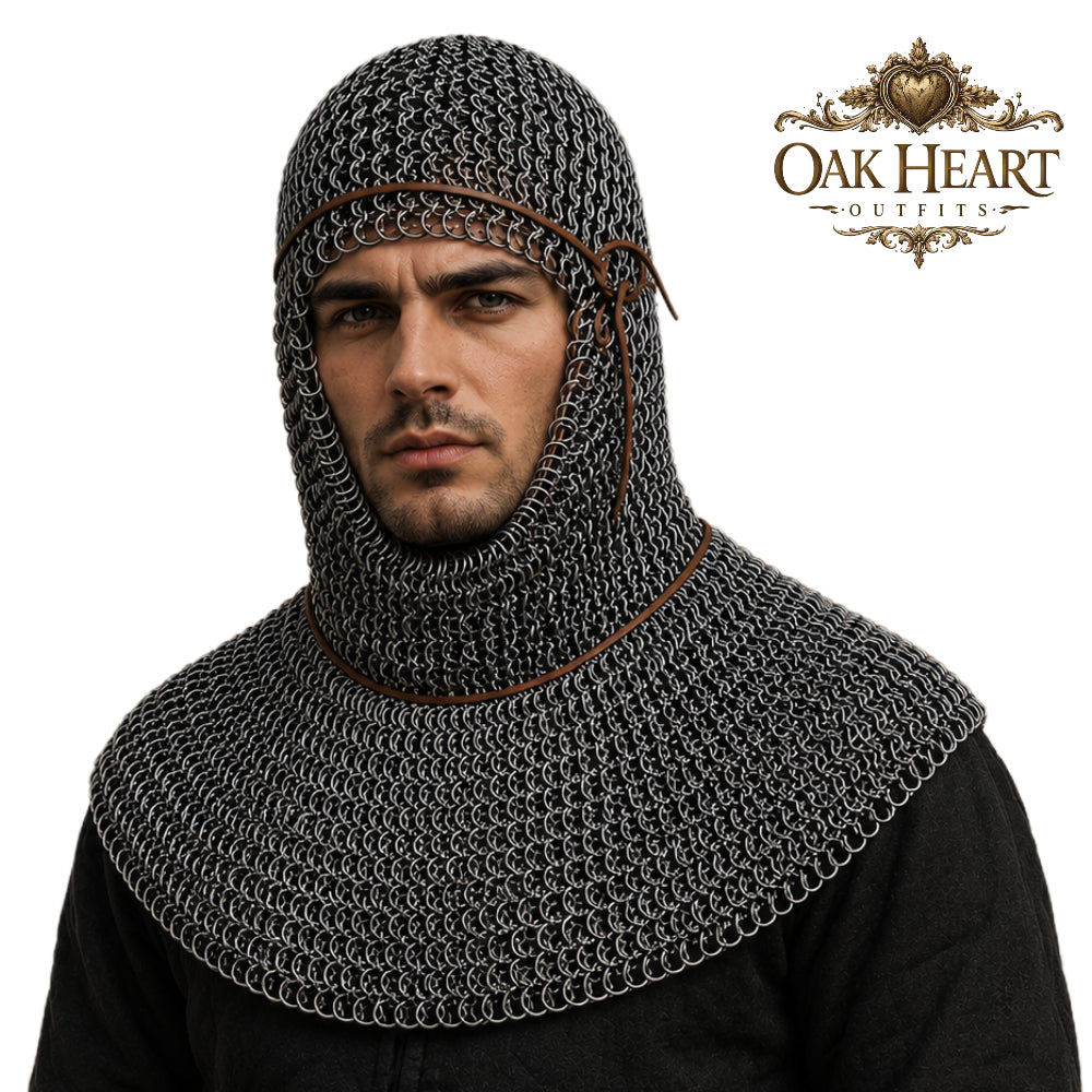 9MM Flat Ring Chainmail Coif – Medieval Armor Hood for LARP & Cosplay