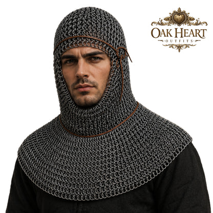 9MM Flat Ring Chainmail Coif – Medieval Armor Hood for LARP & Cosplay