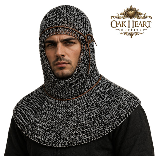9MM Flat Ring Chainmail Coif – Medieval Armor Hood for LARP & Cosplay